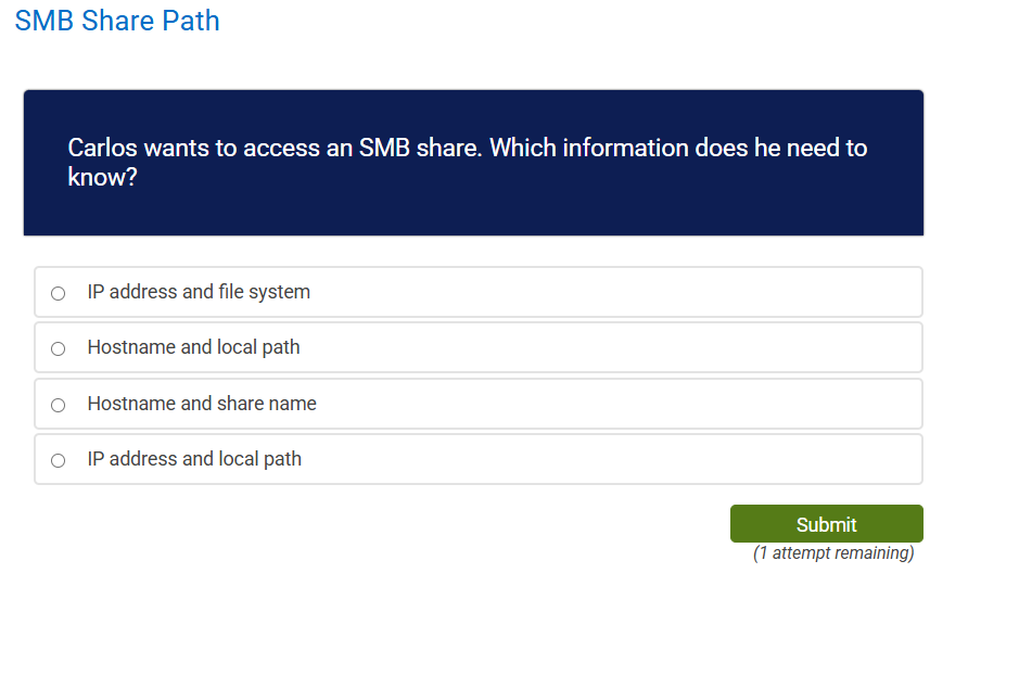Smb Address Example Carlos wants to access an SMB share. Which | StudyX