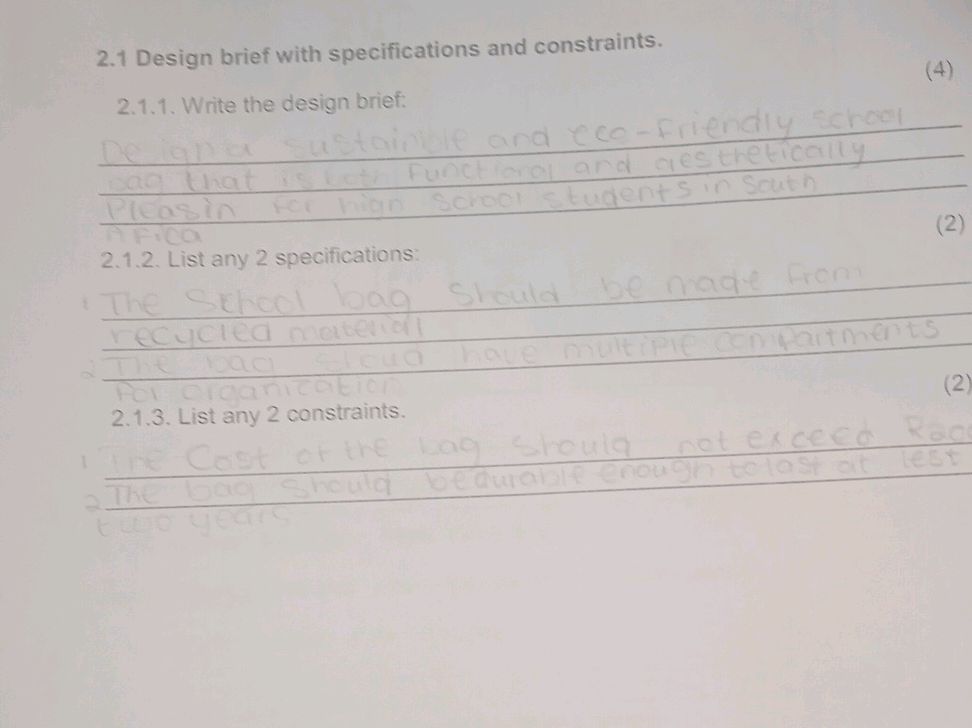 2.1 Design brief with specifications and | StudyX