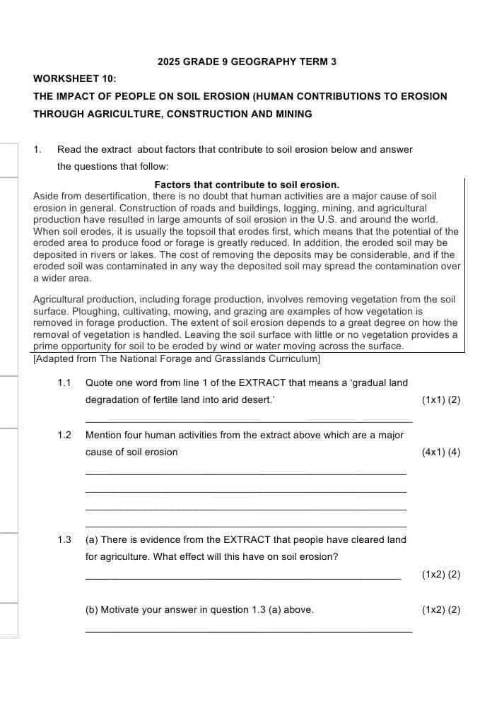 2025 GRADE 9 GEOGRAPHY TERM 3 WORKSHEET 10: