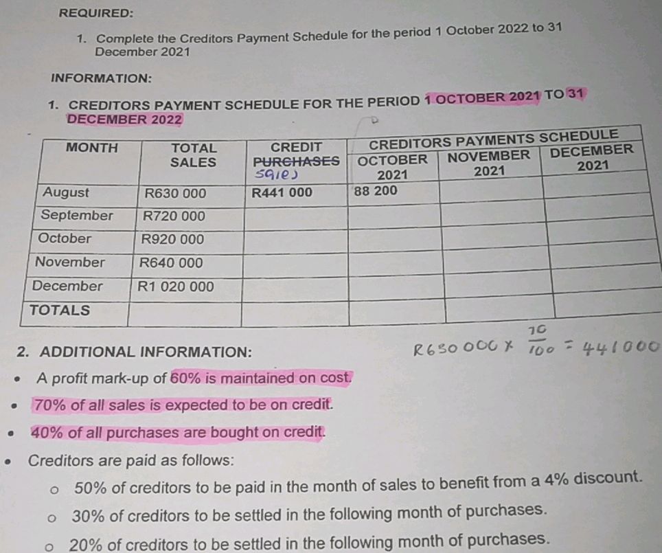 REQUIRED: 1. Complete the Creditors Payment