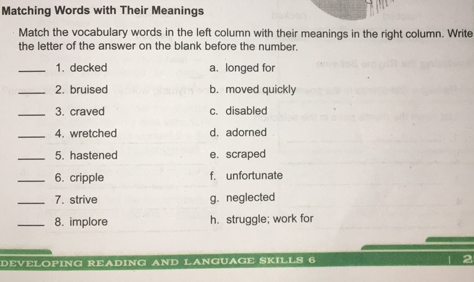 Matching Words with Their Meanings Match the