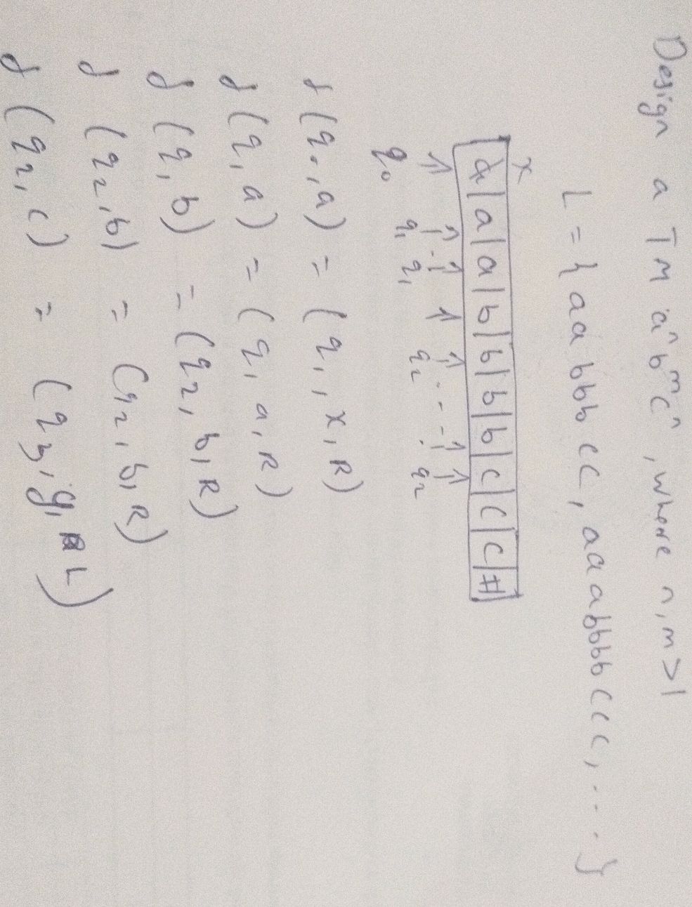 Design a TM $a^n b^m c^n$, where $n, m 1$ $L