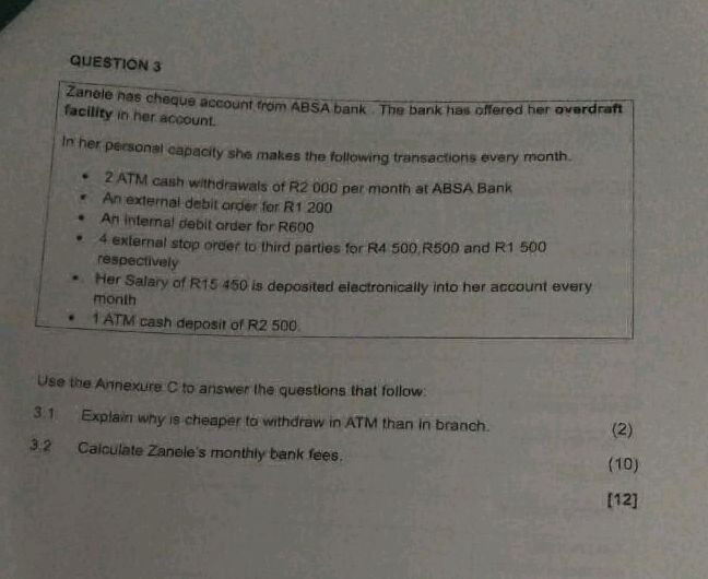 QUESTION 3 Zanele hee cheque account from | StudyX