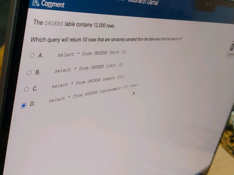 Tablesample Comment The ORDERS table contains 12,000 | StudyX