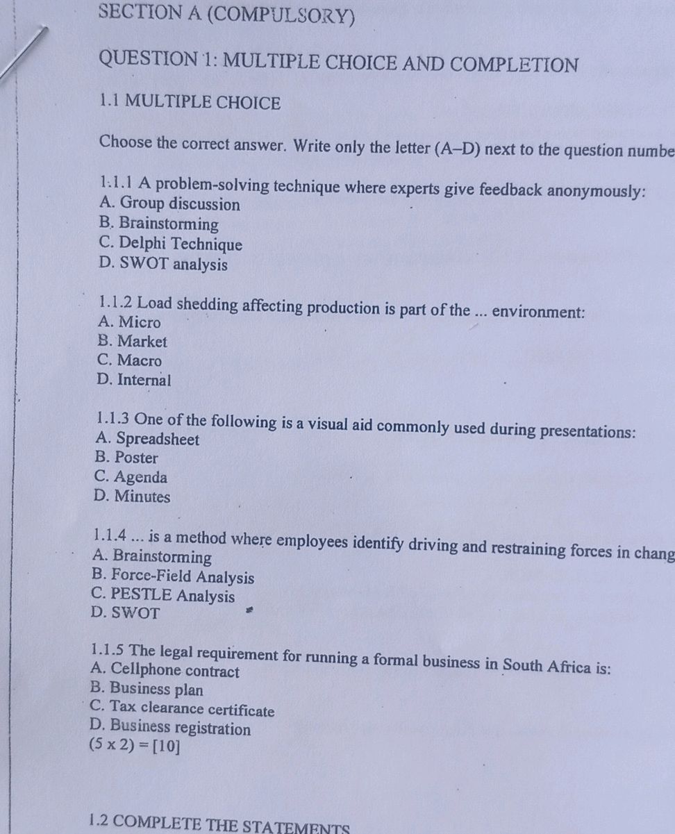 Sample Question Compulsory SECTION A (COMPULSORY) QUESTION 1: MULTIPLE | StudyX