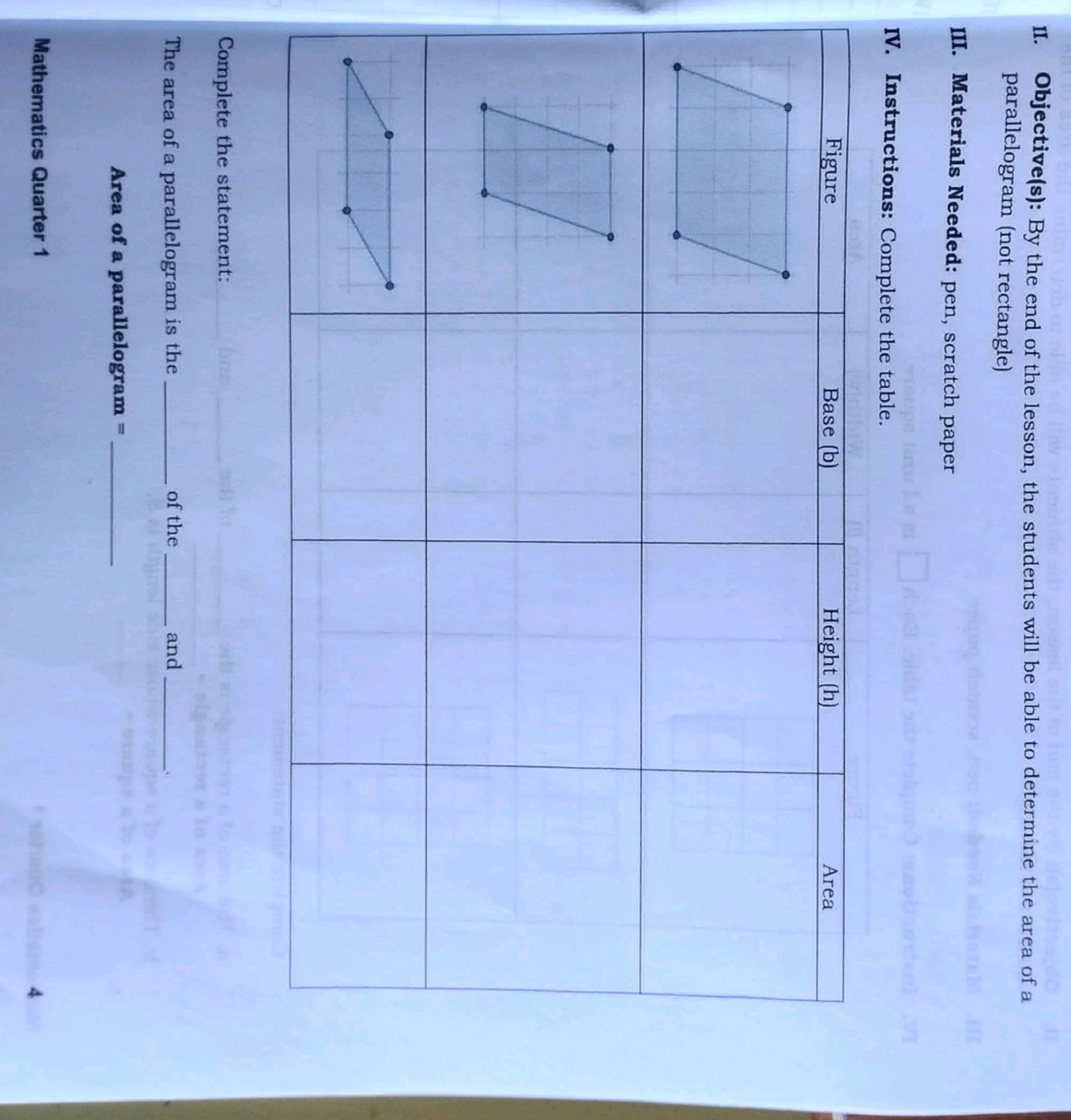 Complete the statement: The area of a