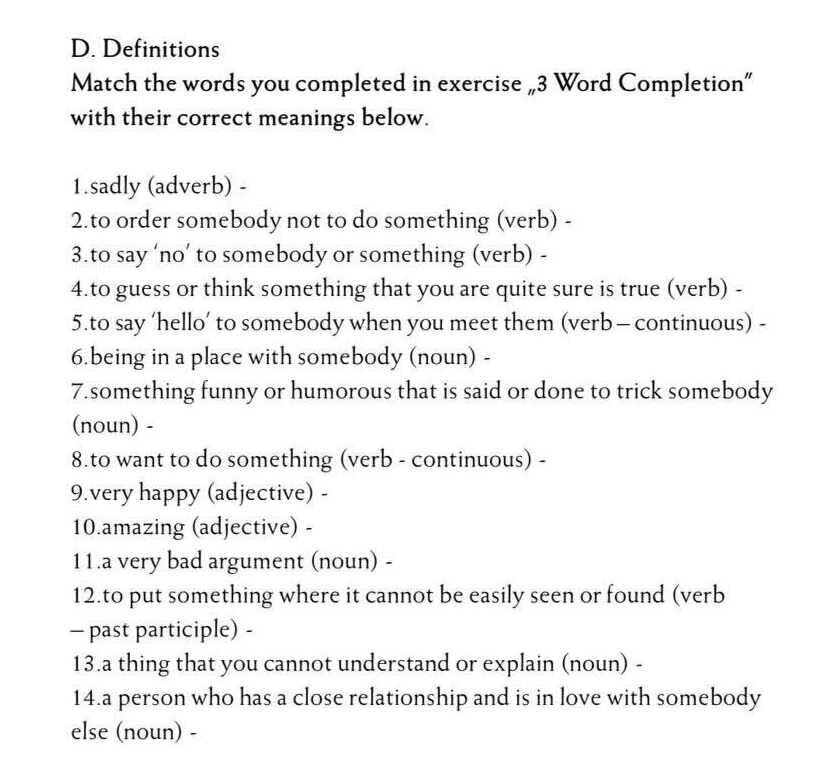 D. Definitions Match the words you completed | StudyX