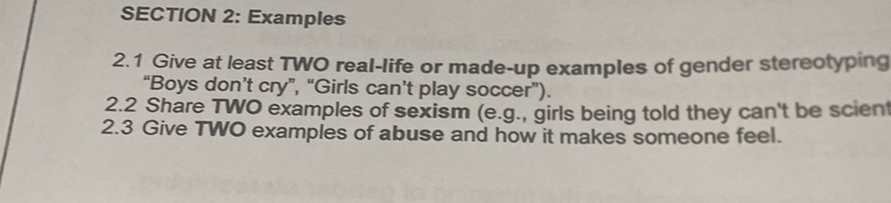 SECTION 2: Examples 2.1 Give at least TWO