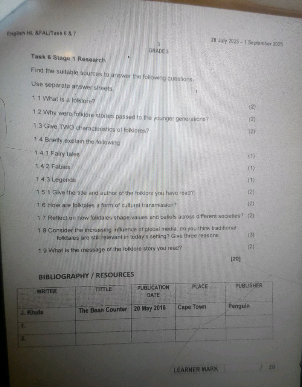 Task 6 Cap English HL FAL/Task 6 7 Task 6 Stage 1 | StudyX