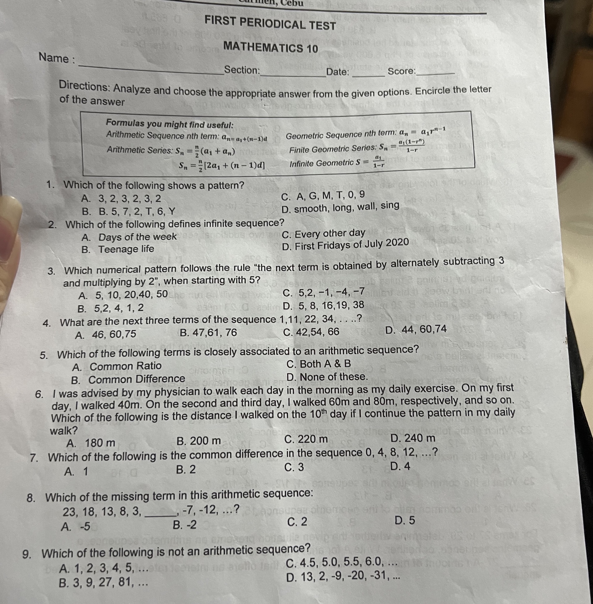 FIRST PERIODICAL TEST MATHEMATICS 10 Name: | StudyX