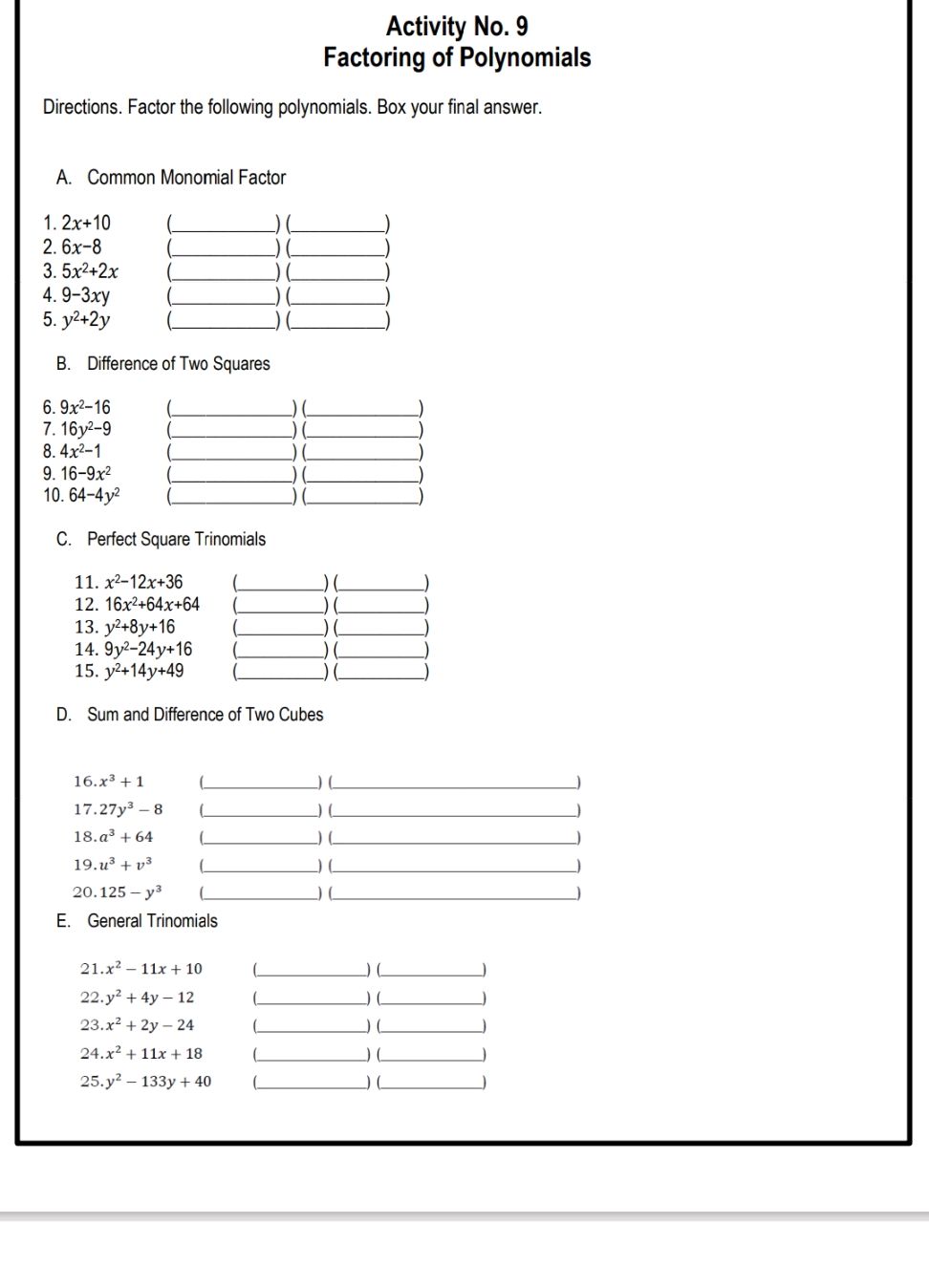 Activity No. 9 Factoring of Polynomials | StudyX