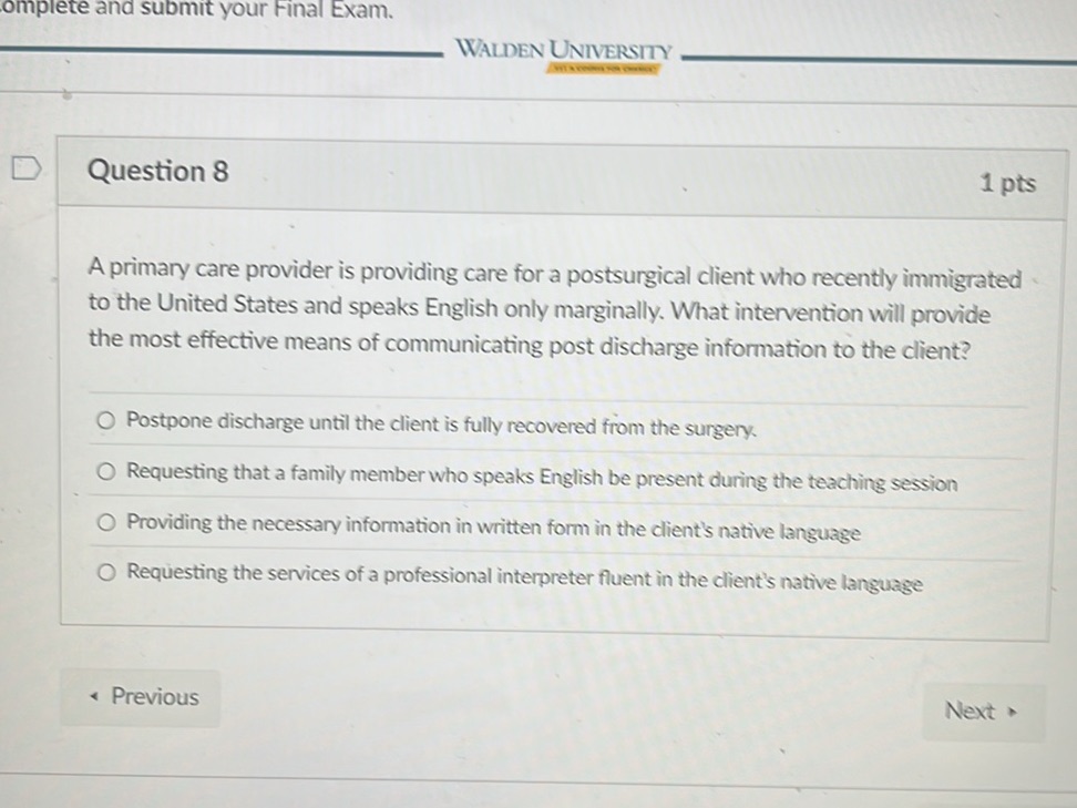 Omplete omplete and submit your Final Exam. Walden | StudyX