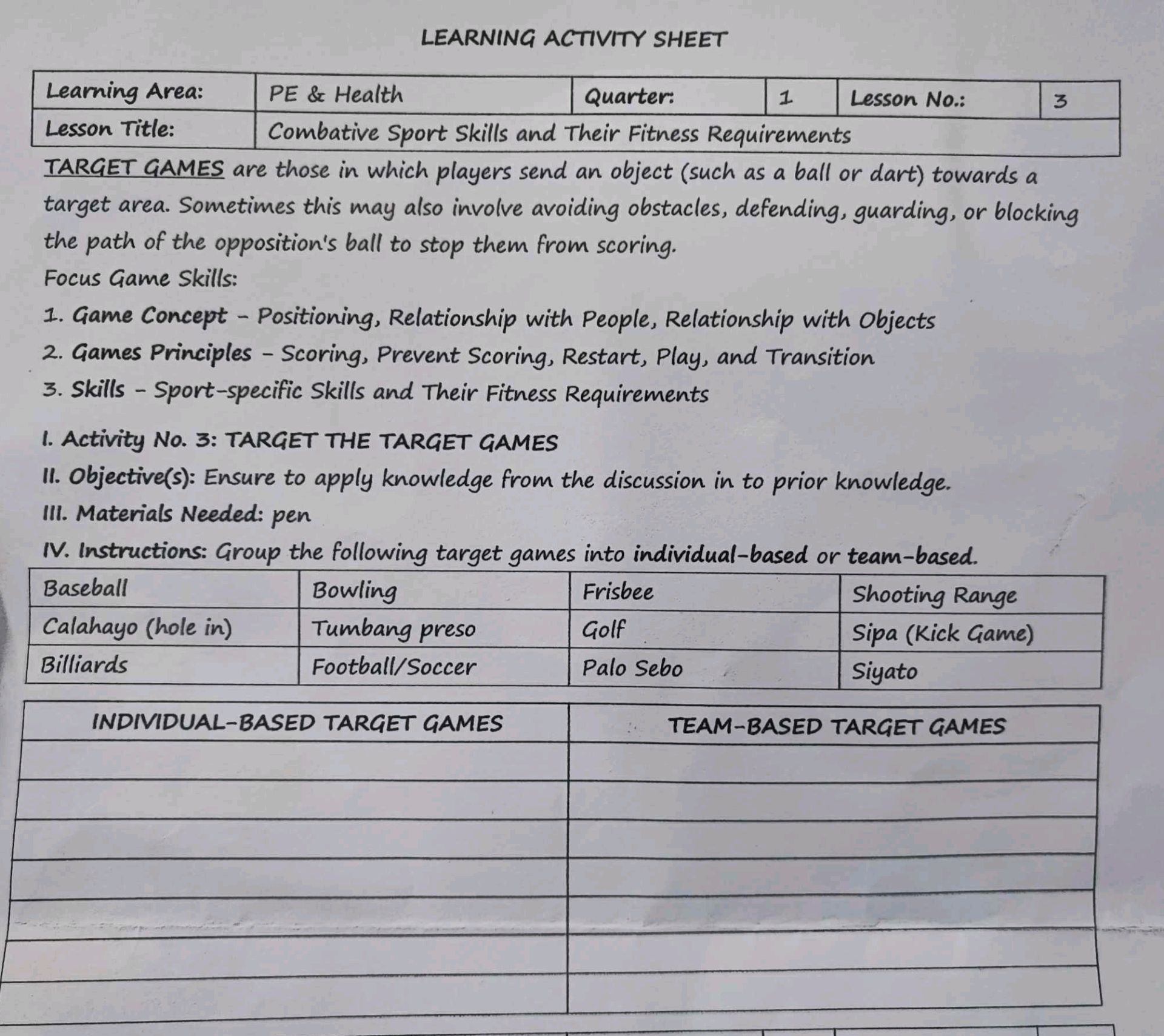 LEARNING ACTIVITY SHEET Learning Area: PE