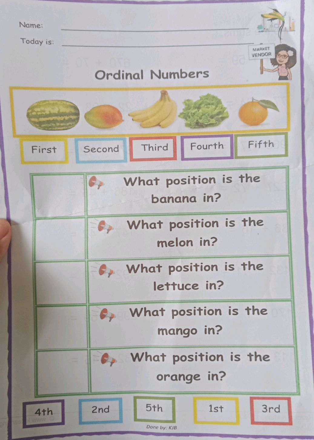 Name: Today is: Ordinal Numbers First Second | StudyX