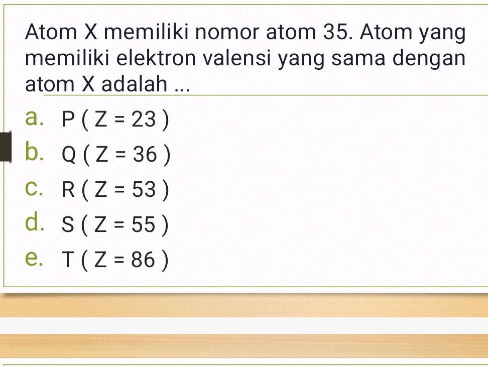 Atom X memiliki nomor atom 35. Atom yang