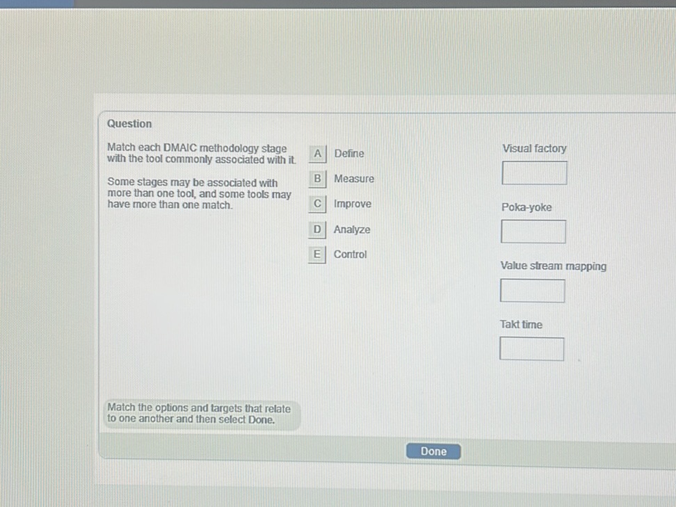 Question Match each DMAIC methodology stage