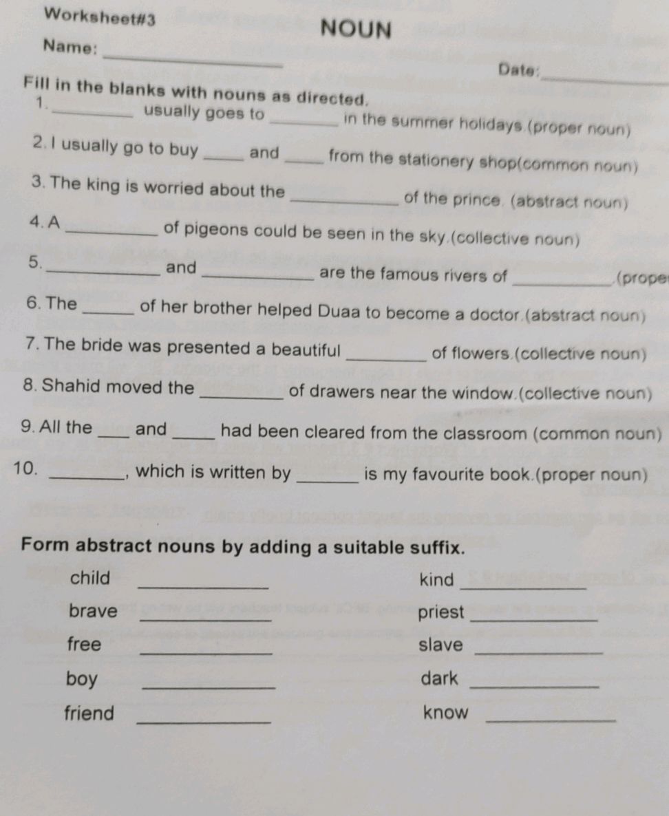 Fill in the blanks with nouns as directed.