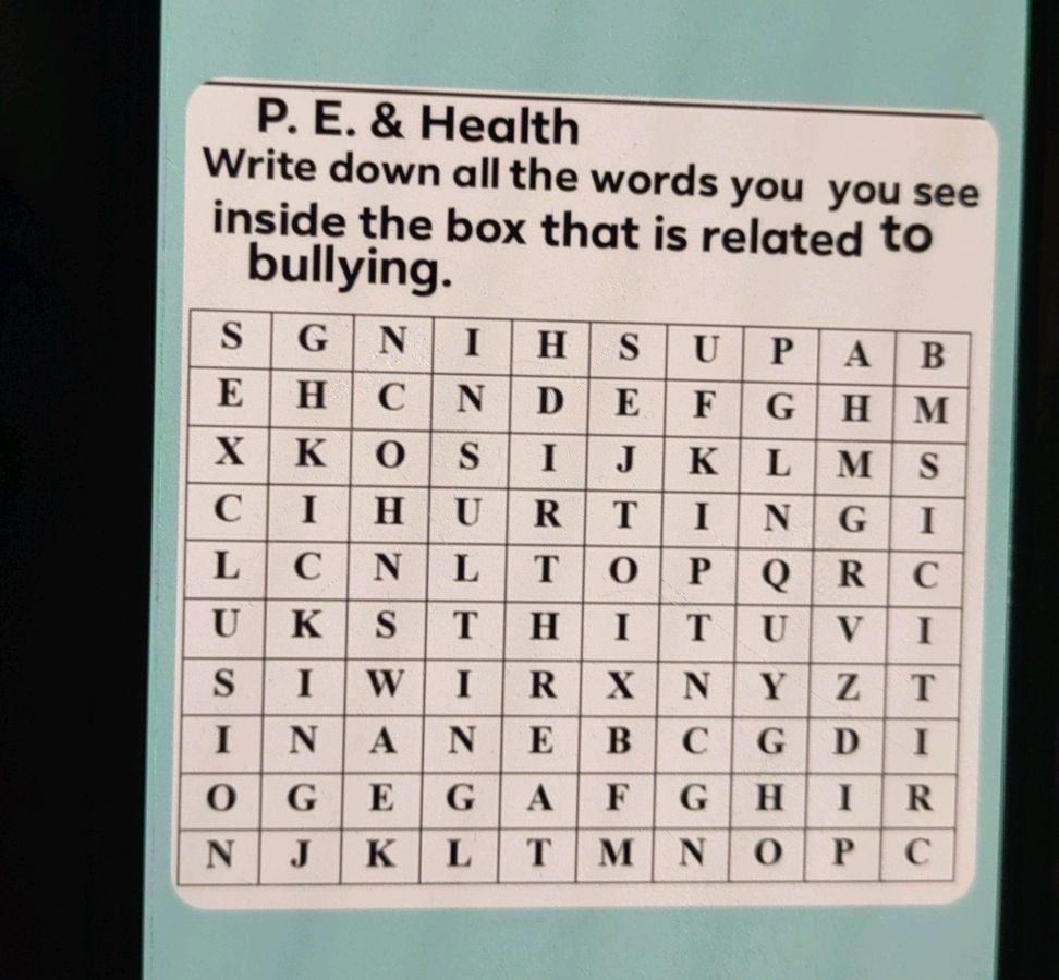 P. E. Health Write down all the words you