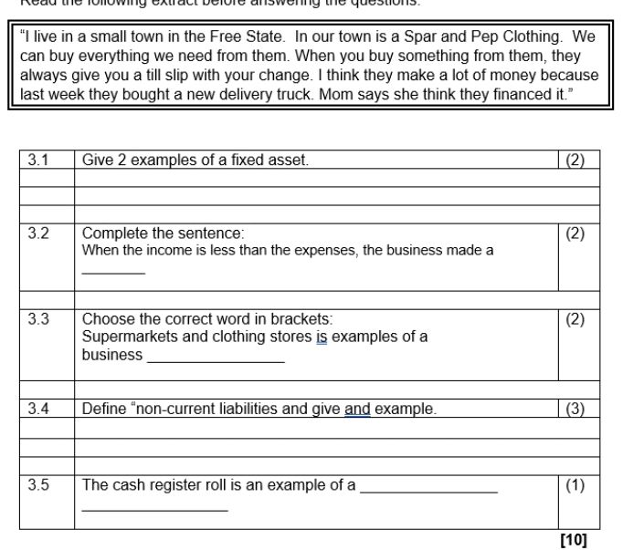 3.1 Give 2 examples of a fixed asset. 3.2