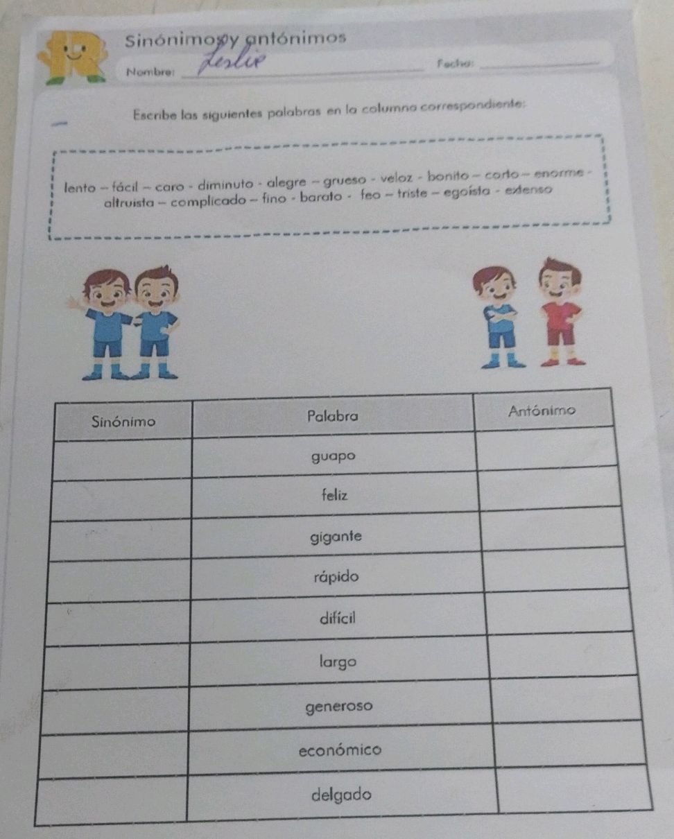 Escribe las siguientes palabras en la