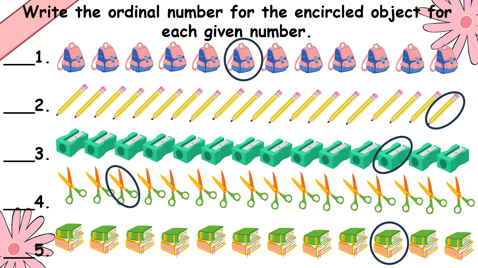 Ordinal Position Using Objects Write the ordinal number for the encircled | StudyX