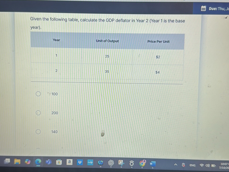 Given the following table, calculate the GDP | StudyX