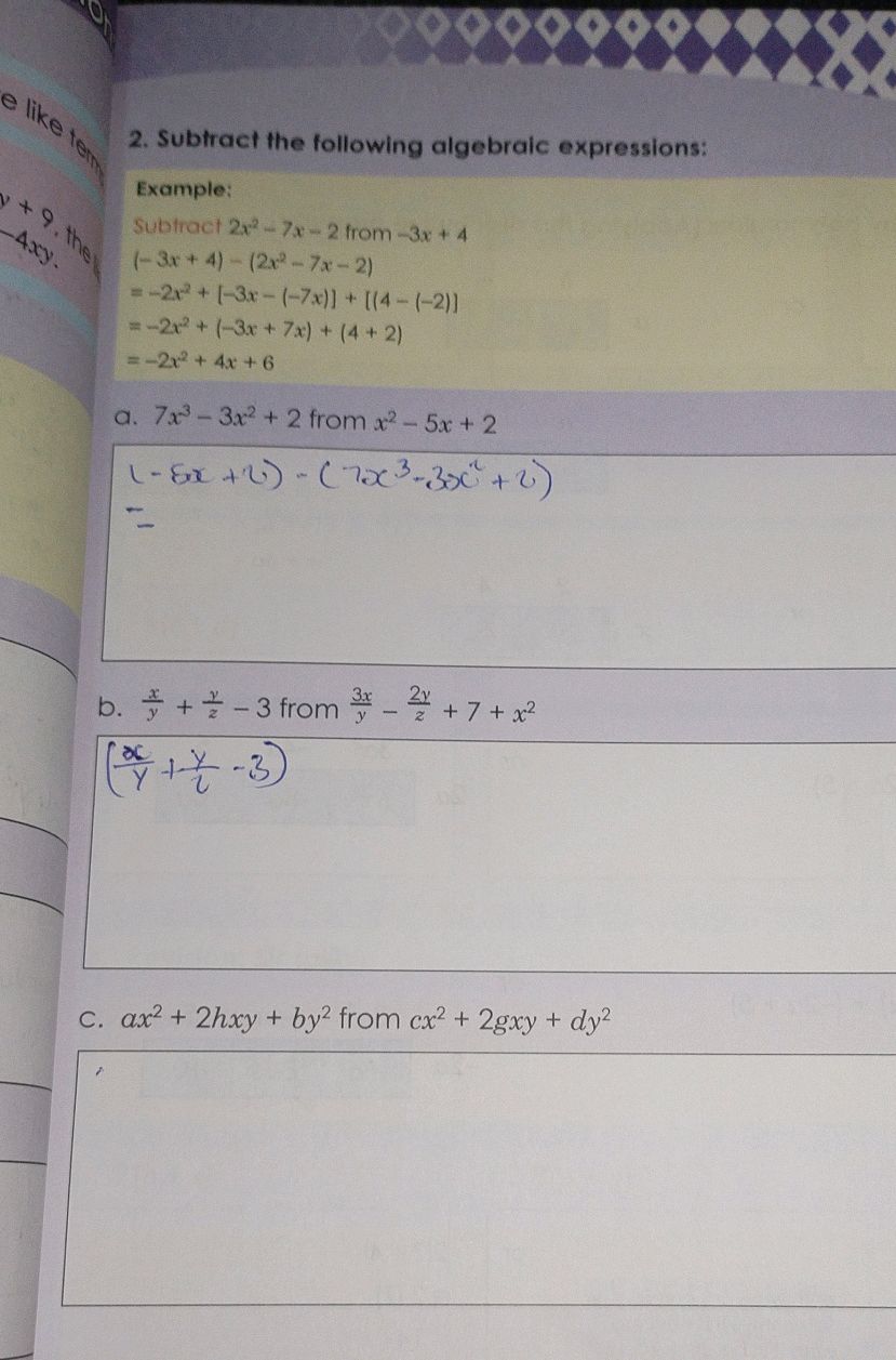 Subtract the following algebraic
