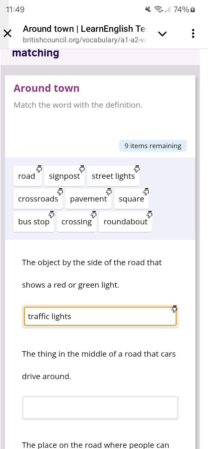 Match the word with the definition. road