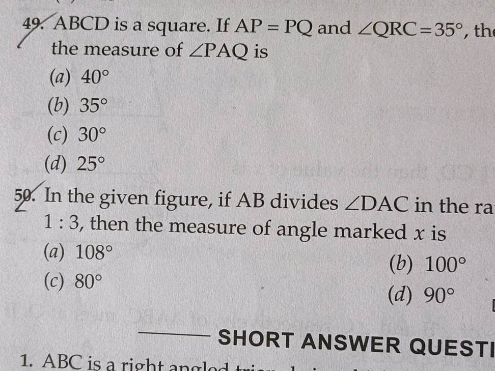 49. ABCD is a square. If AP = PQ and | StudyX