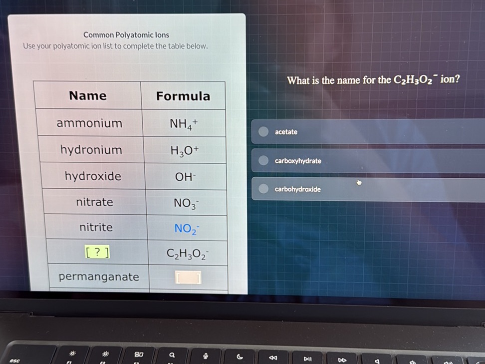 C2h3o2 Name What is the name for the $C2H3O_2^-$ ion?