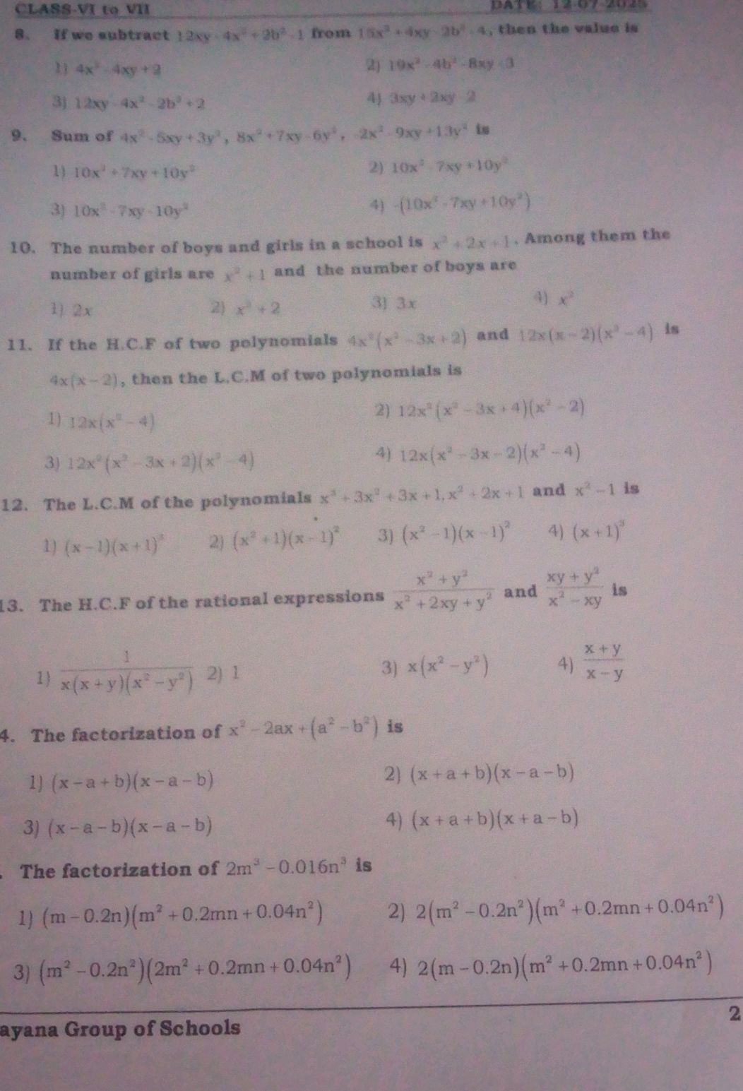 CLASS-VI to VII 8. If wo subtract $12 x y+4 | StudyX