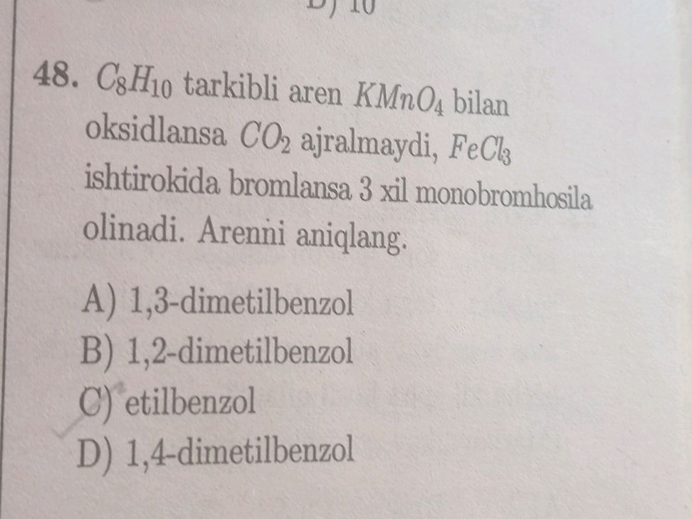 $C8H{10}$ tarkibli aren $KMnO4$ bilan