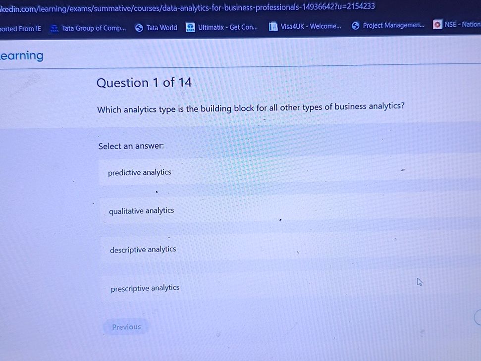 Question 1 of 14 Which analytics type is the