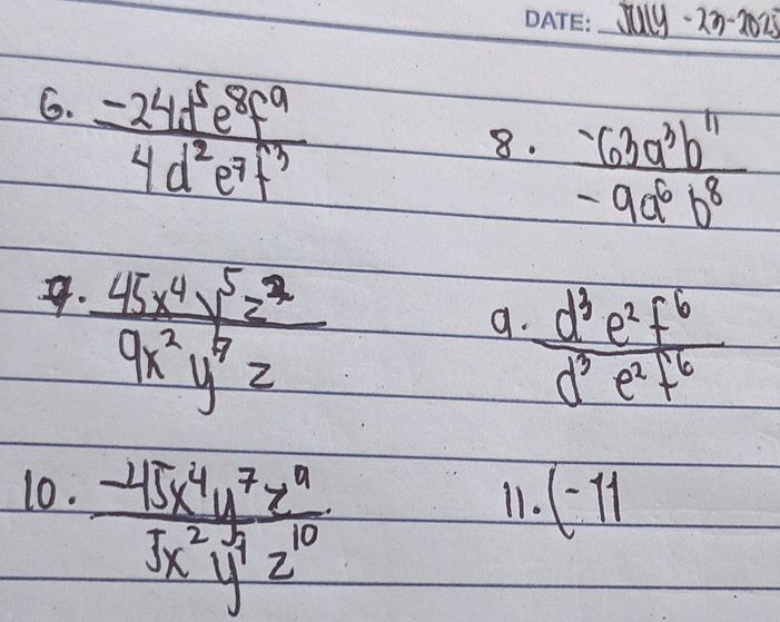 {-24d^5e^8f^9}{4d^2e^7f^3} 8.