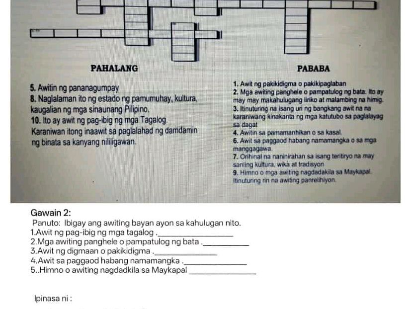 Gawain 2: Panuto: Ibigay ang awiting bayan | StudyX