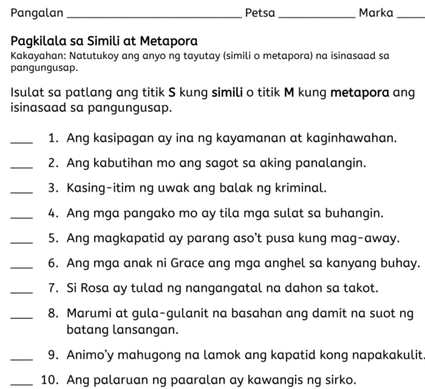 Pagkilala sa Simili at Metapora Kakayahan: | StudyX