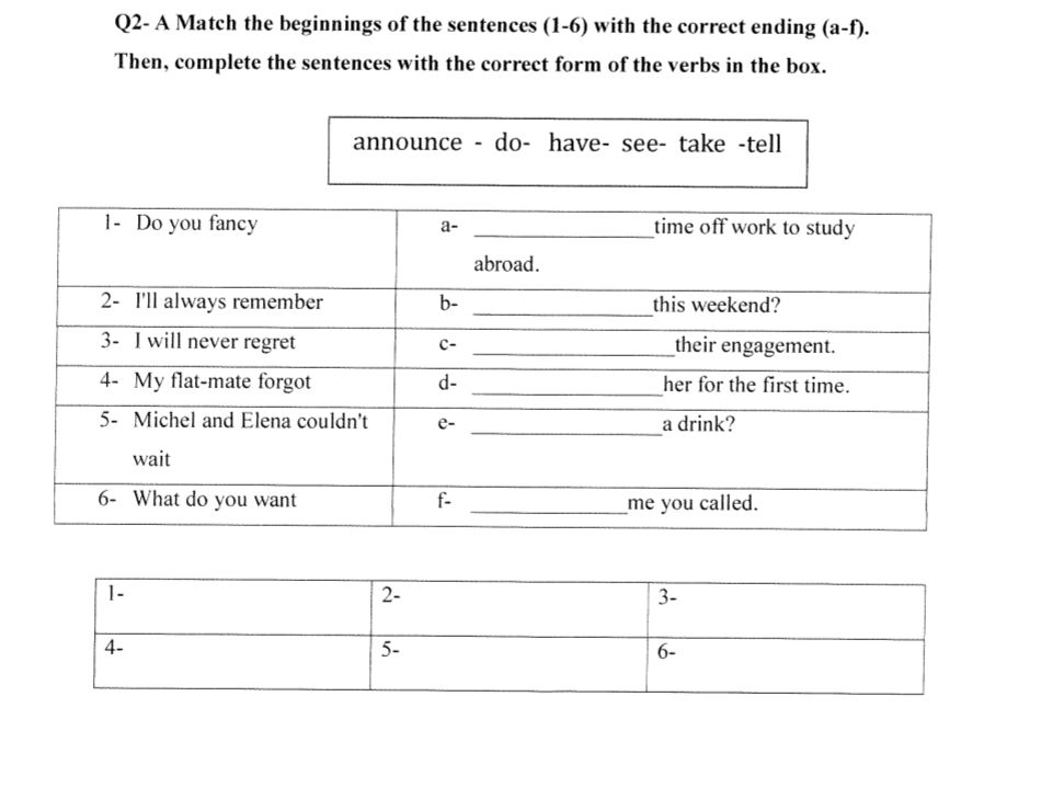 Q2- A Match the beginnings of the sentences | StudyX