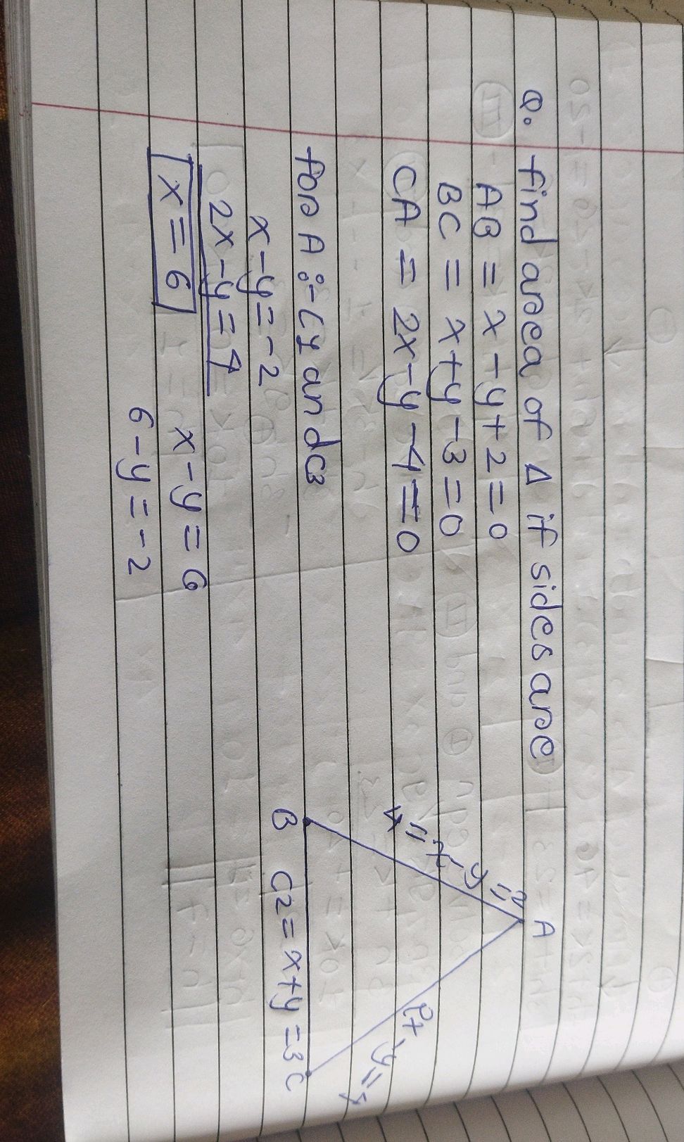 Q. find area of Δ if sides are AB = x-y+2=0 | StudyX