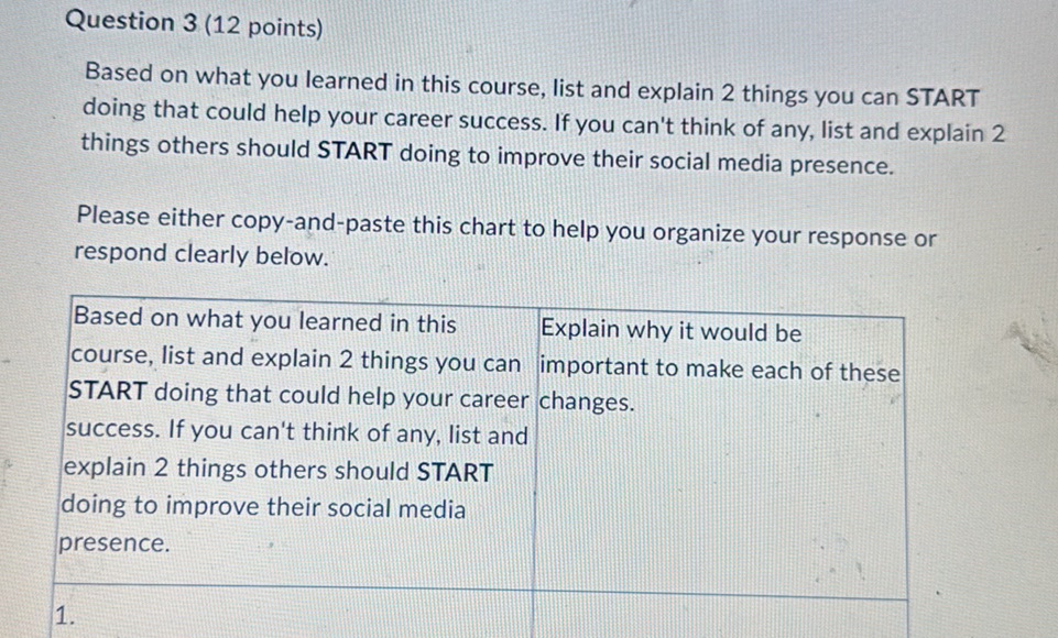 Question 3 (12 points) Based on what you