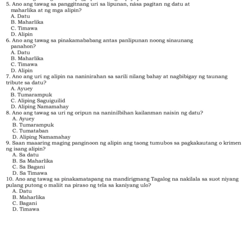 5. Ano ang tawag sa panggitnang uri sa | StudyX