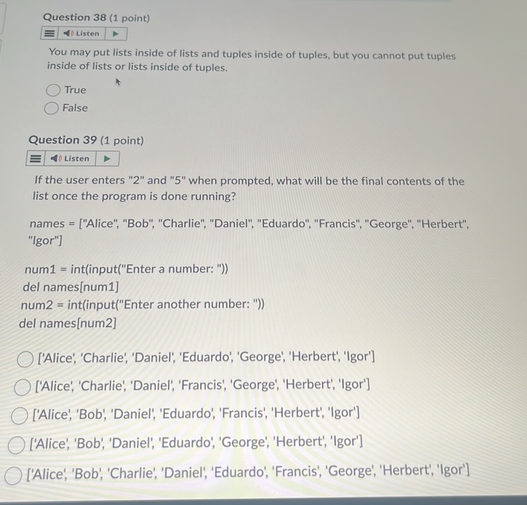 Question 38 (1 point) You may put lists | StudyX