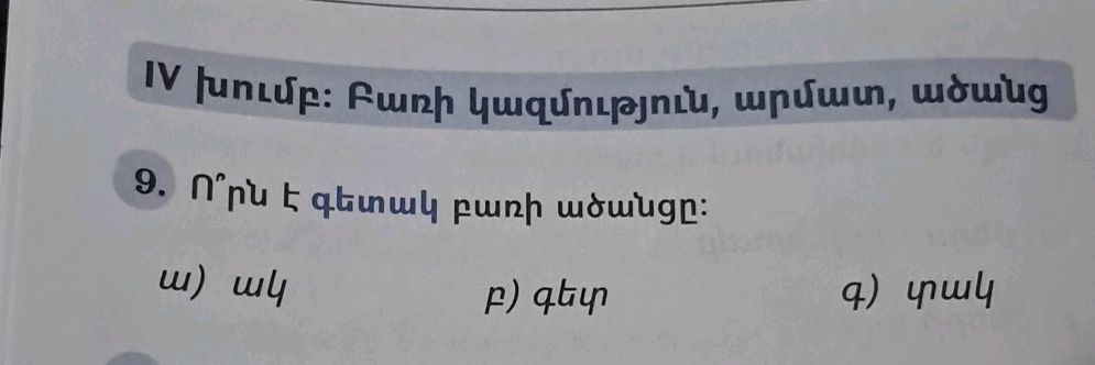 Ո՞րն է գետակ բառի ածանցը: ա) ակ բ) գետ գ) տակ