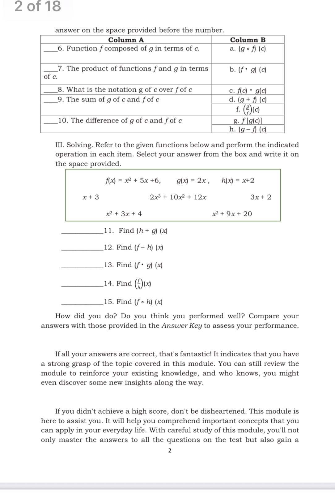 Function f composed of g in terms of c. a.