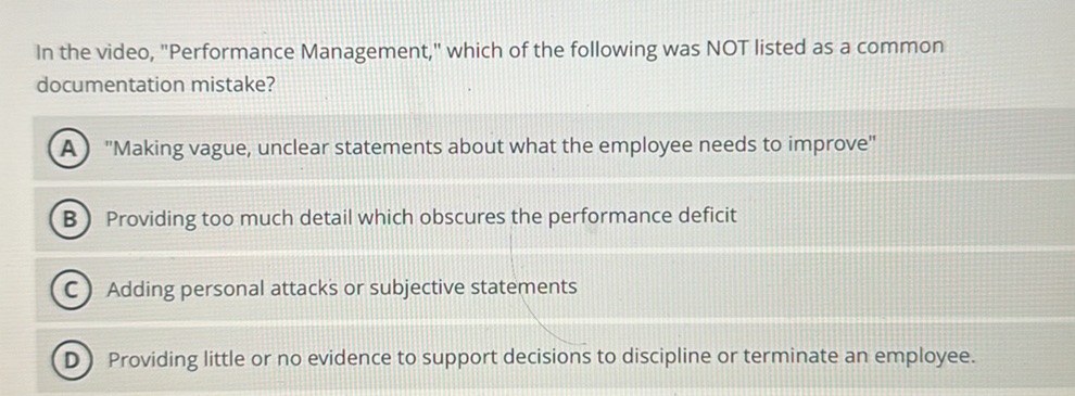 In the video, "Performance Management," | StudyX