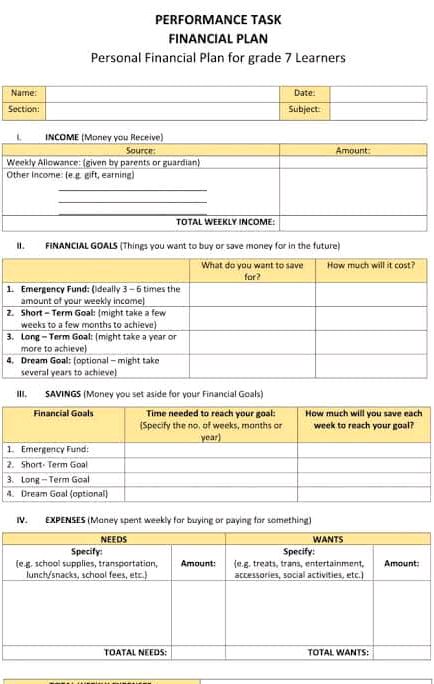PERFORMANCE TASK FINANCIAL PLAN Personal