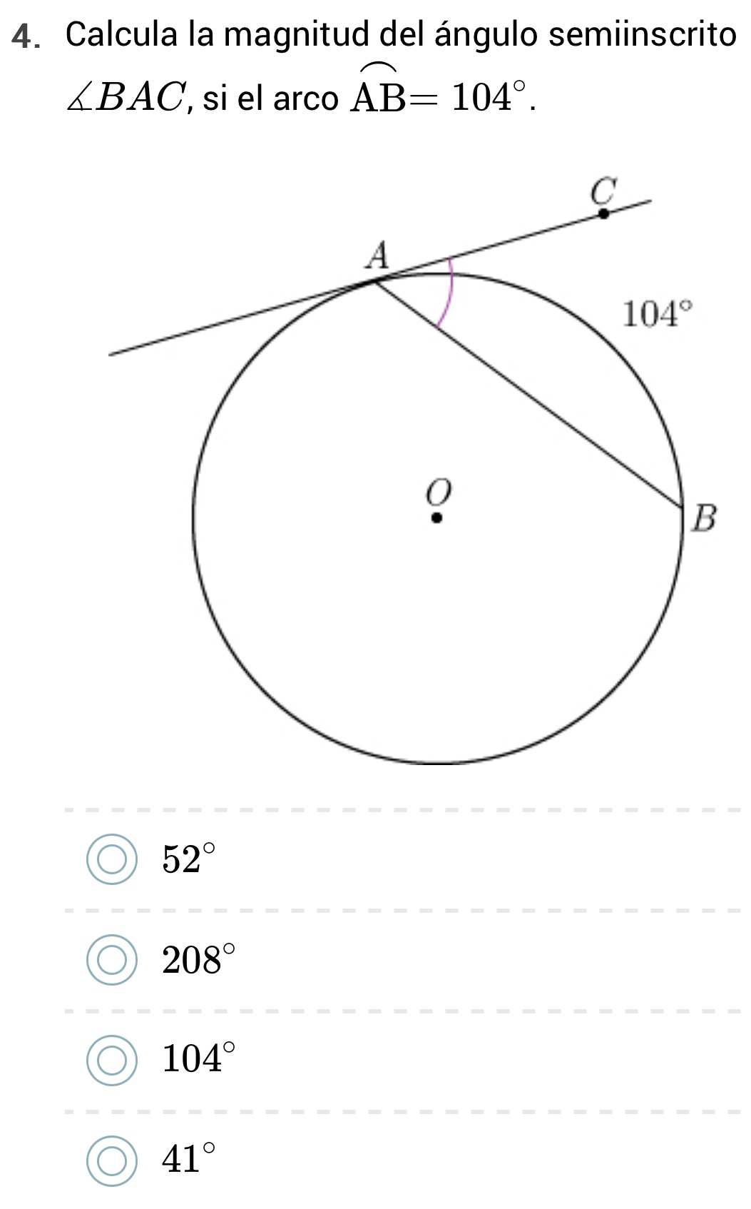 Calcula la magnitud del ángulo semiinscrito