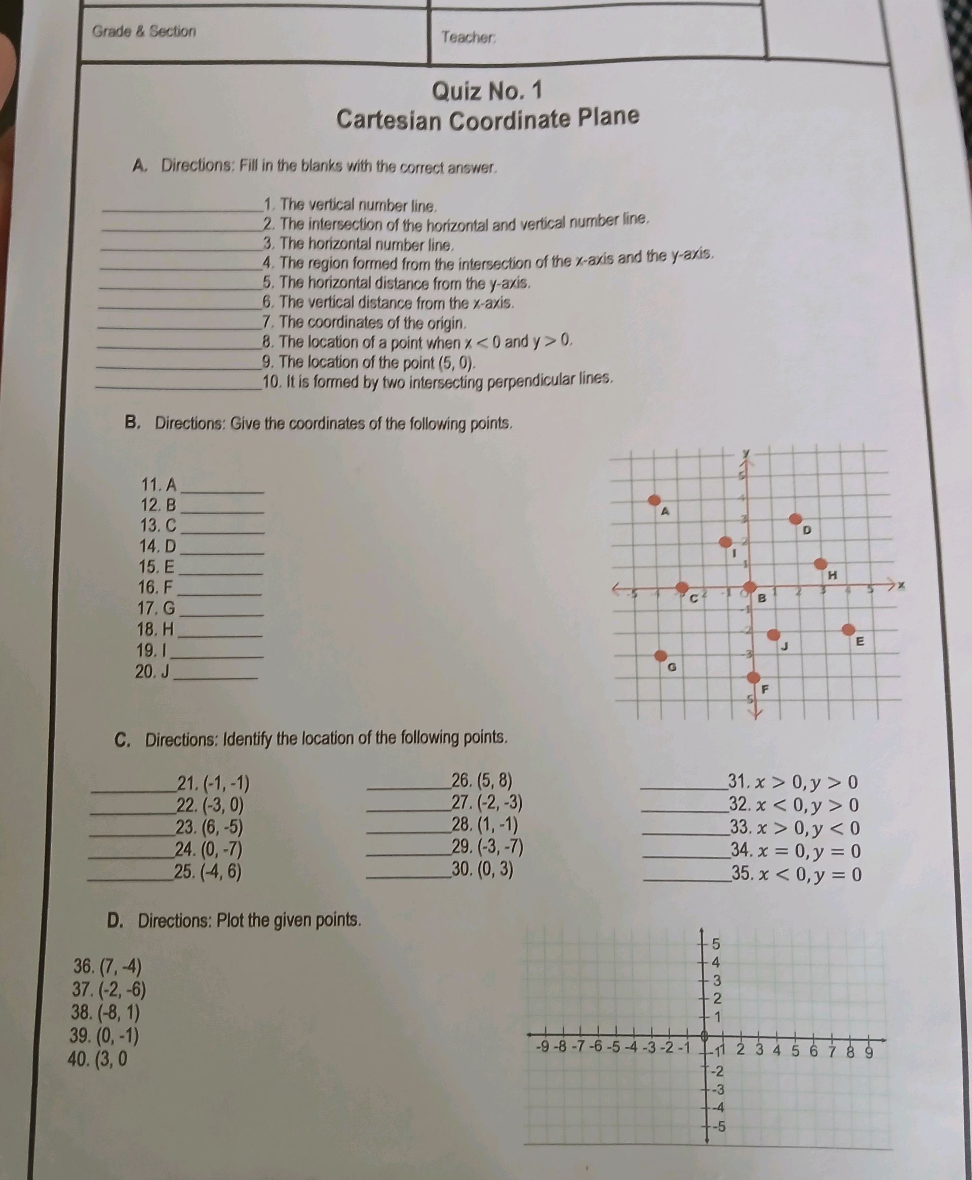 Quiz No. 1 Cartesian Coordinate Plane A. | StudyX