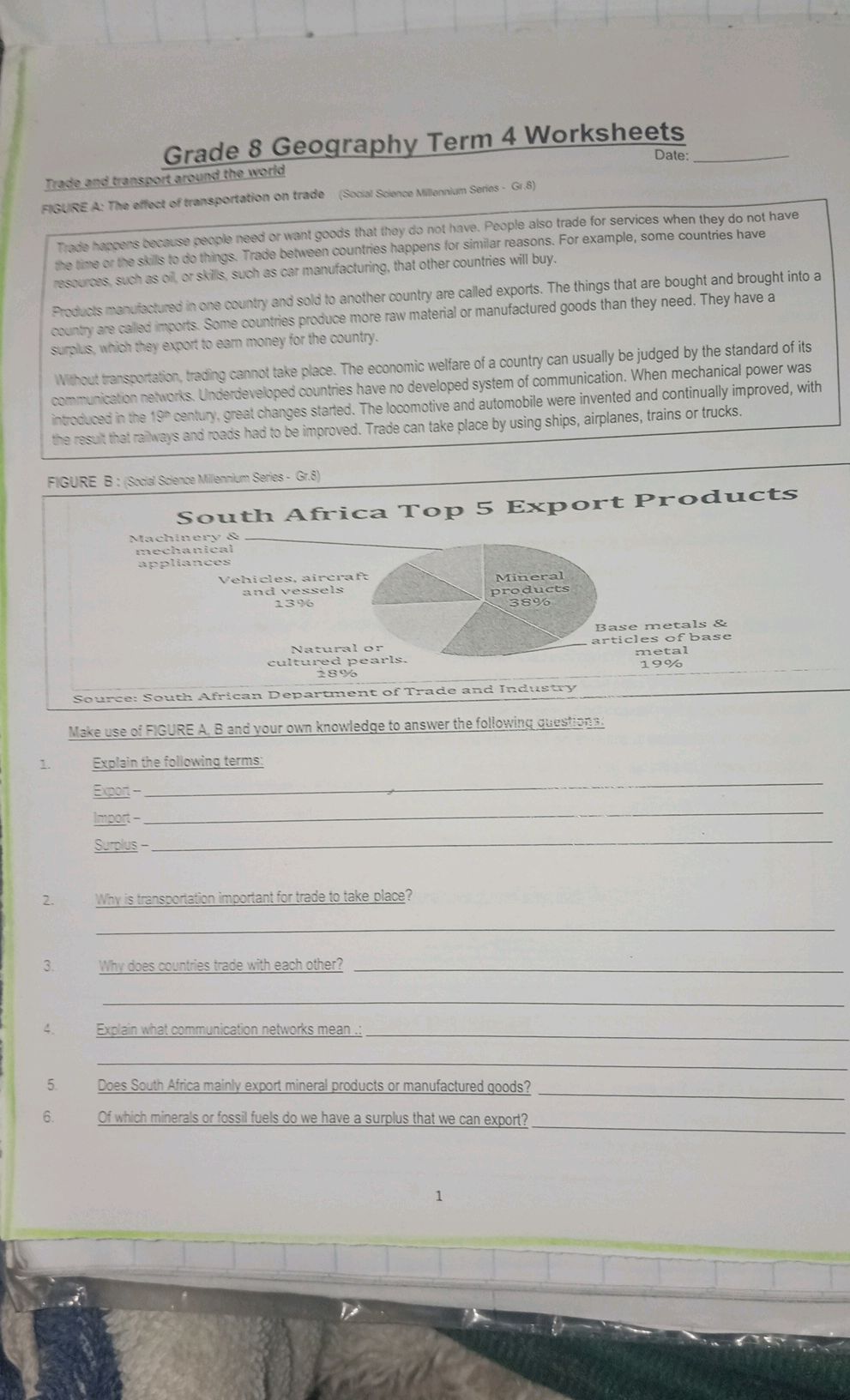 Grade 8 Geography Term 4 Worksheets Trade | StudyX
