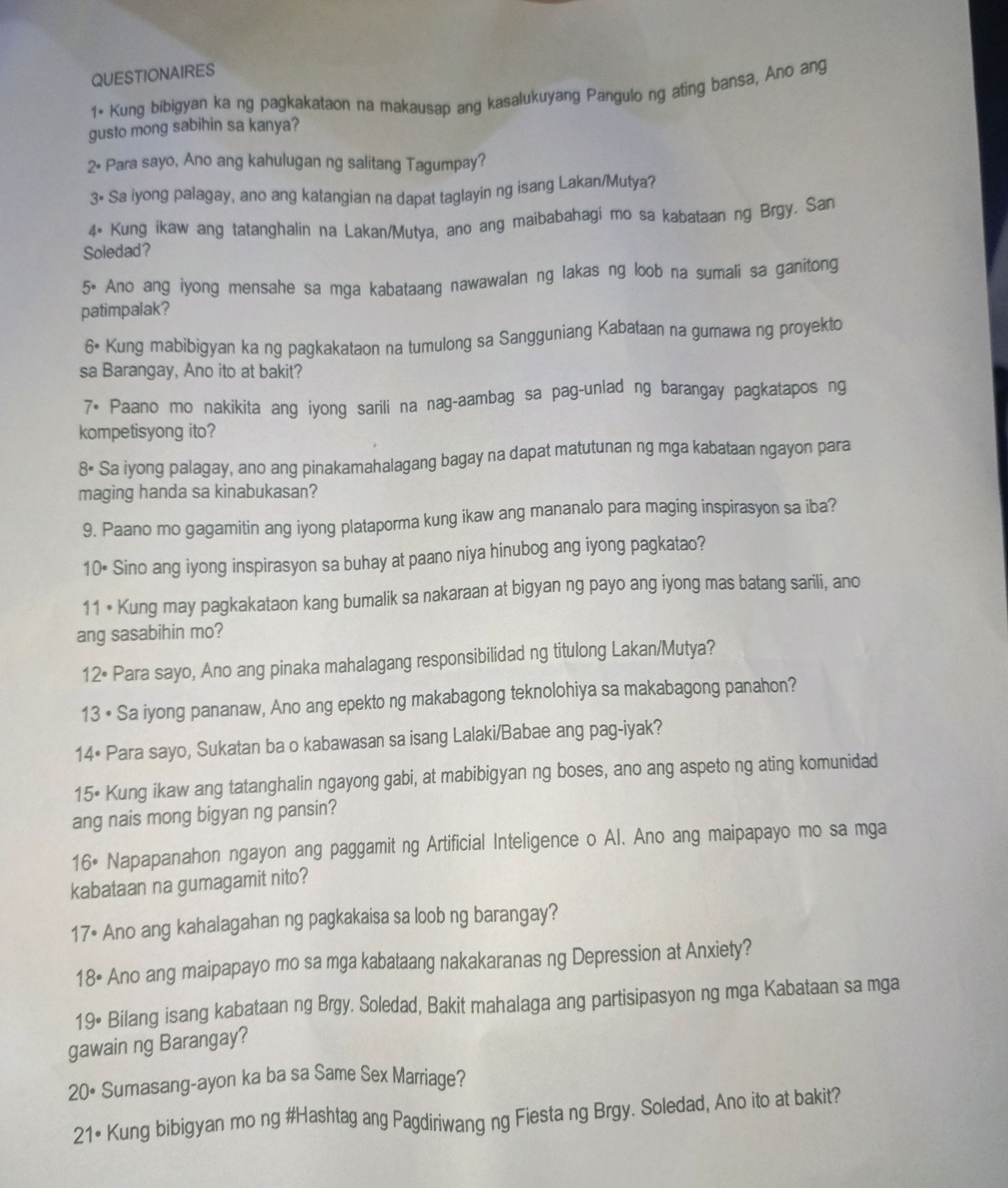 Tagalog Questions For Pageant QUESTIONAIRES 1. Kung bibigyan ka ng | StudyX