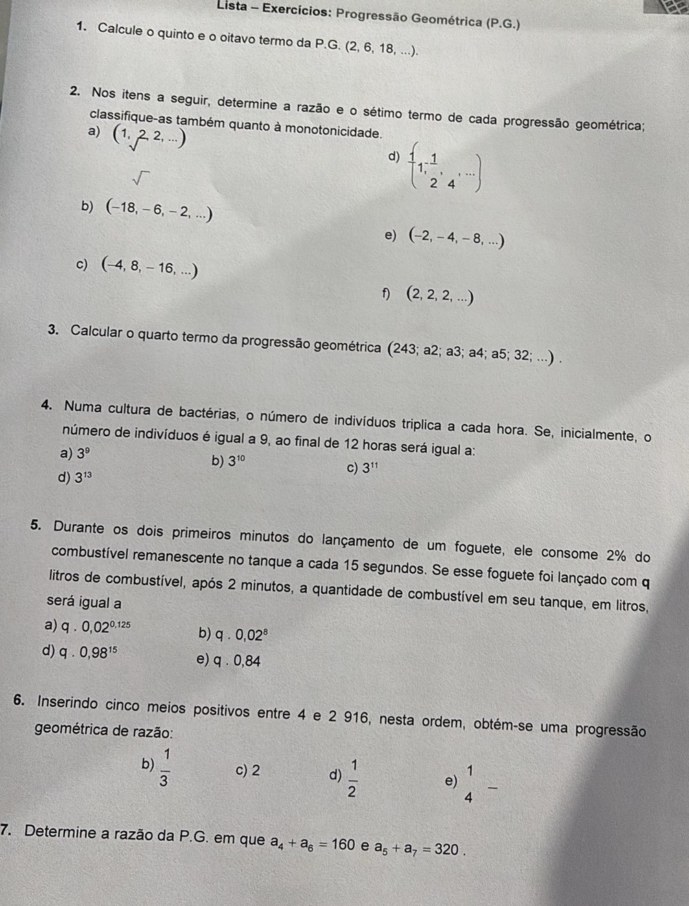 Lista - Exercicios: Progressão Geométrica | StudyX